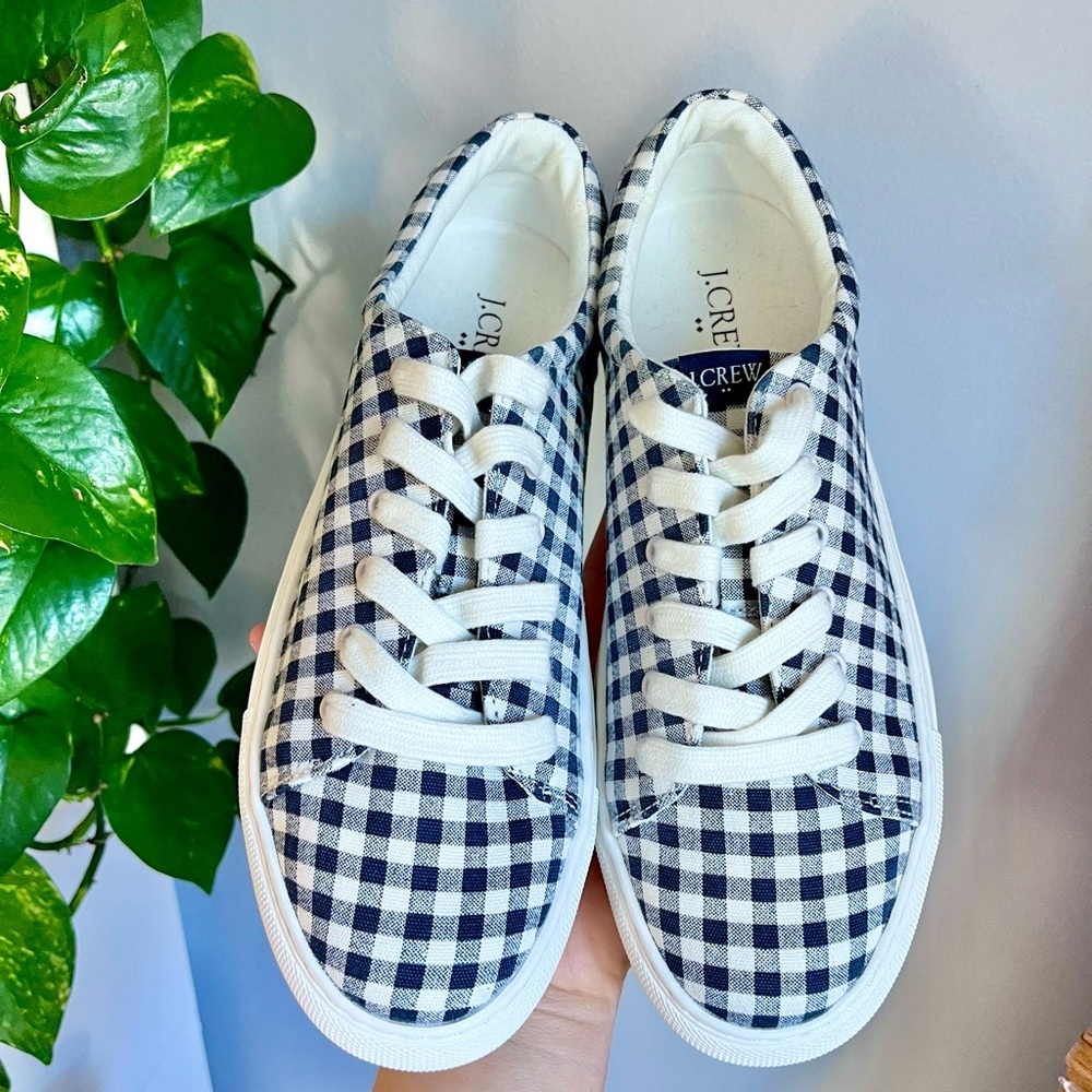 J. Crew Navy Blue & White Gingham Sneakers - Picture 4 of 10